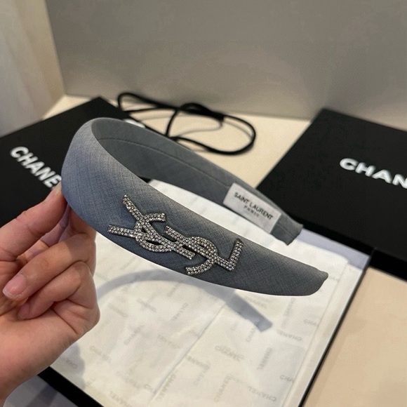 Saint Laurent Gray Headband with Rhinestone Logo - Picture 1 of 6